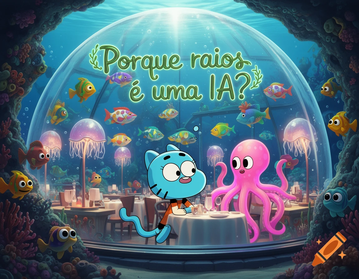 Cartoon Gumball and a pink octopus dine in a luminous underwater restaurant, surrounded by fish. Text reads 'Porque raios é uma IA?'