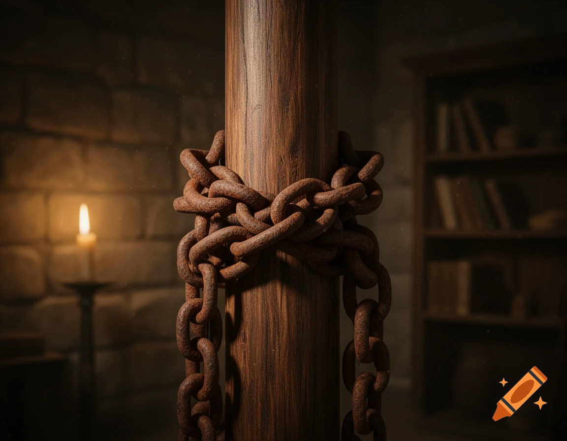 Rusty chains bind a wooden pillar in a dimly lit stone room, with a flickering candle and blurred bookshelf in the background.