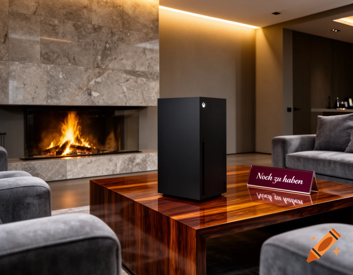 A black Xbox Series X console on a polished wooden coffee table in a modern living room with a lit fireplace and a sign that reads "Noch zu haben".