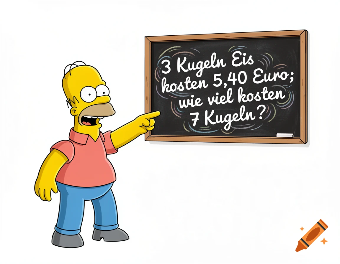 Homer Simpson, in cartoon style, points at a blackboard displaying a math problem about the cost of ice cream scoops.
