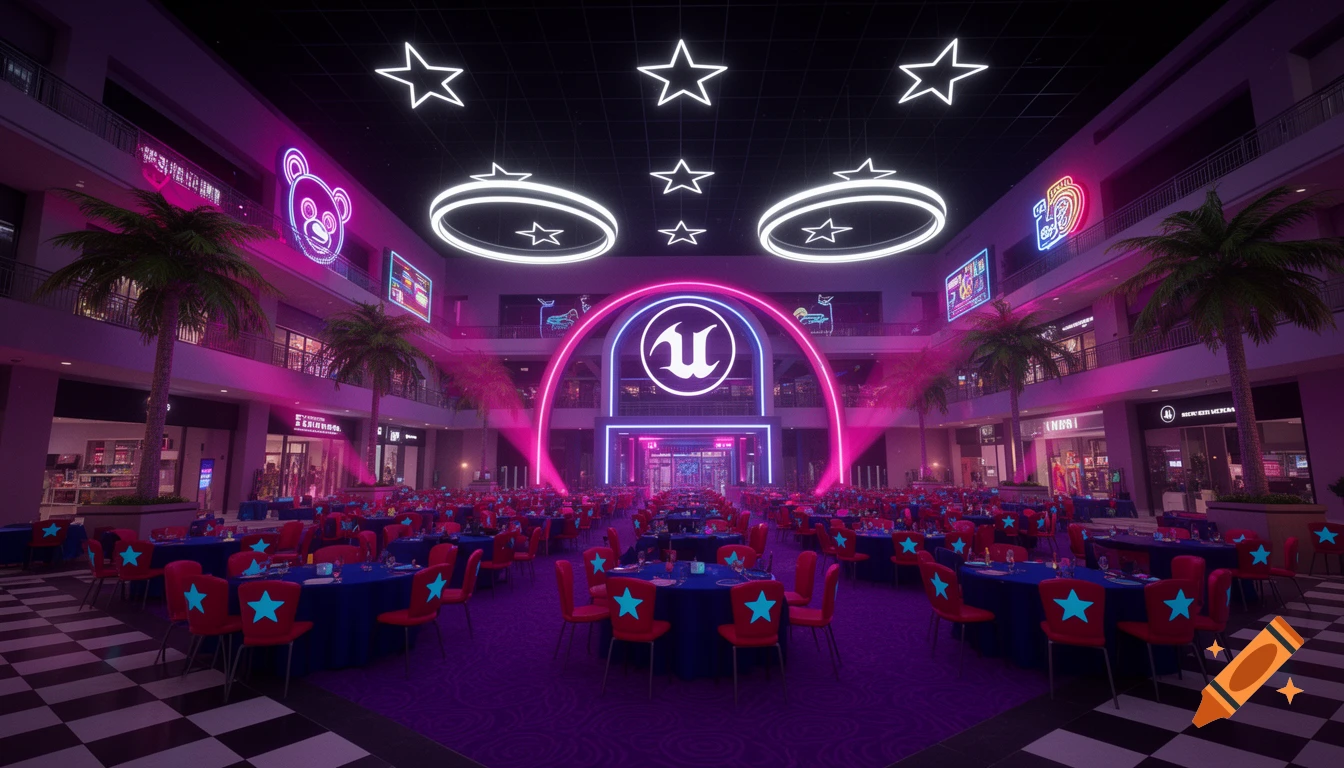 Wide-angle view of a multi-level indoor shopping mall atrium at night, featuring a synthwave aesthetic. Rows of tables with blue tablecloths and red chairs with cyan stars fill the main floor. The space is illuminated by vibrant magenta and purple neon lighting, including a large arched light with the Unreal Engine logo, a neon bear sign, and glowing star ceiling lights. Stylized palm trees accent the scene.