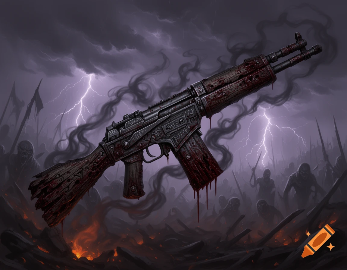 A dark fantasy, blood-stained semi-automatic rifle with intricate details, set against a stormy battlefield with lightning and shadowy figures.