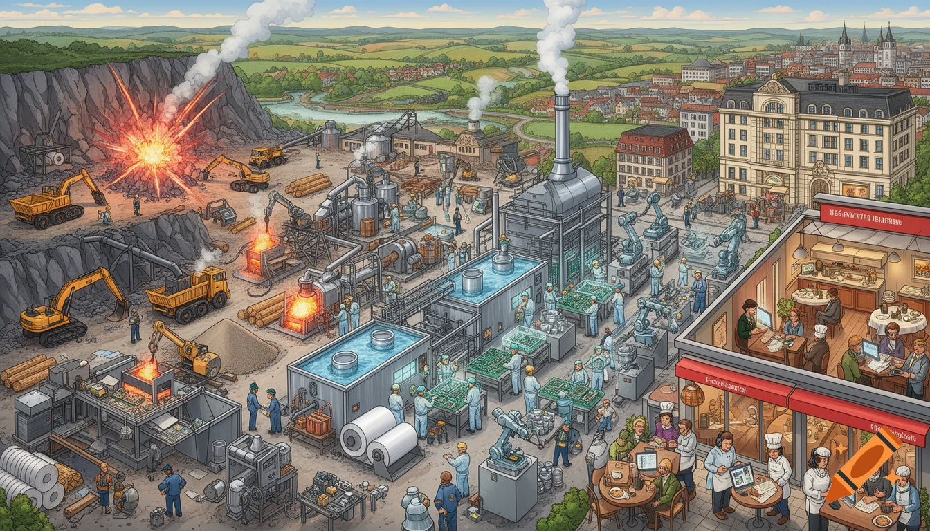 A colorful Wimmelbild illustration depicting a sprawling landscape with a quarry, factories, a bustling city, and a rural area, filled with people working and dining.