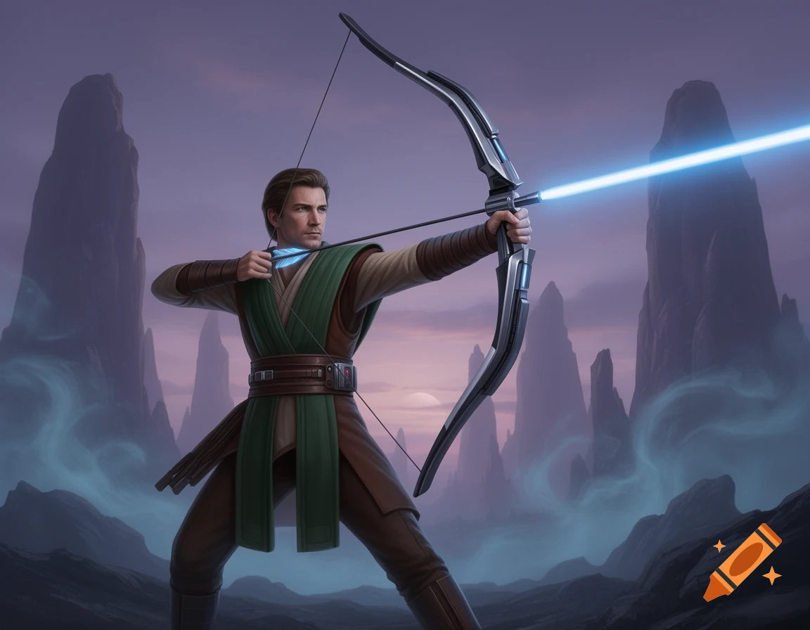 A male Jedi archer in a fantasy landscape aims a futuristic bow that shoots a blue lightsaber projectile.