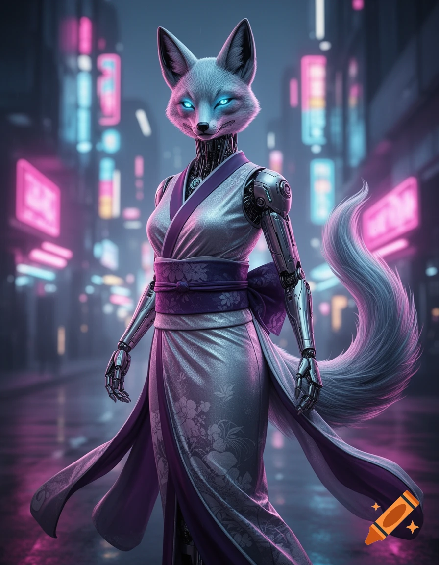 Photorealistic robot kitsune in a purple and silver kimono with glowing blue eyes and metallic arms in a neon cyberpunk city.