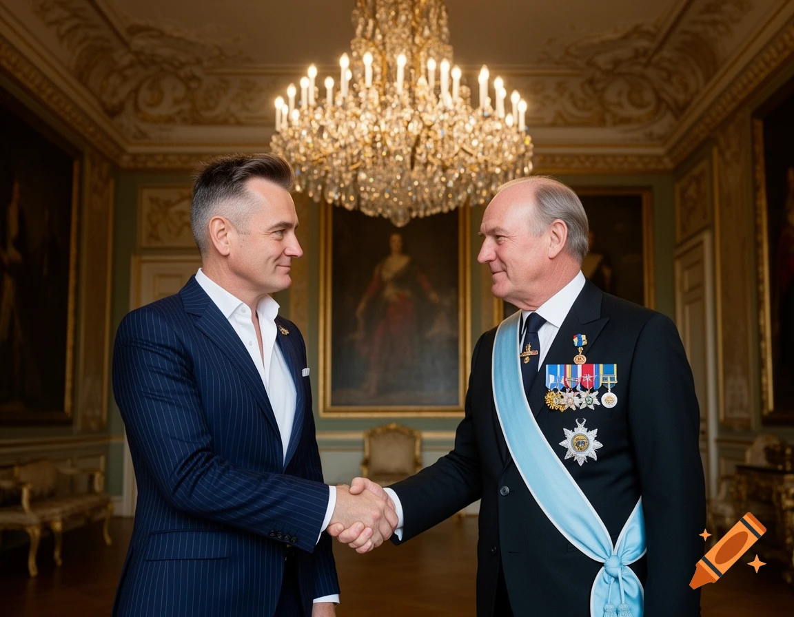 Two distinguished men in formal attire, one in a pinstripe suit and the other in a decorated uniform, shake hands in a grand, ornate room.