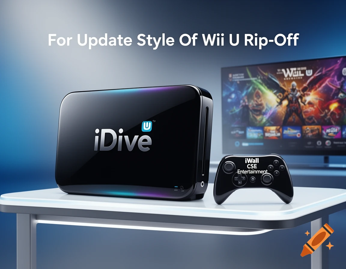 A black iDive gaming console and a black iWall CSE Entertainment controller on a white table, with a TV displaying game content in the background.
