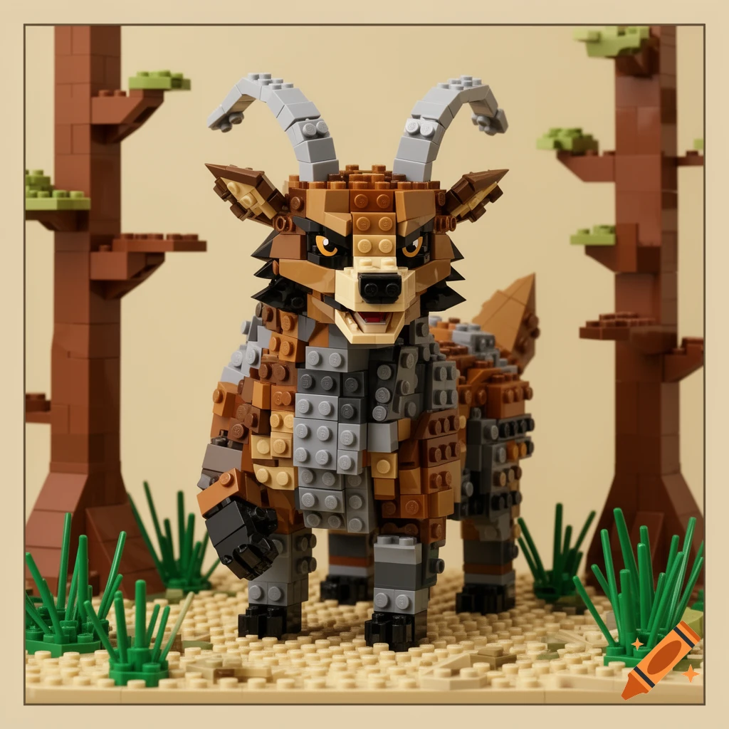 A detailed Lego model of a horned wolverine-goat creature, made of brown, grey, and black bricks, standing on a Lego landscape with trees and grass.