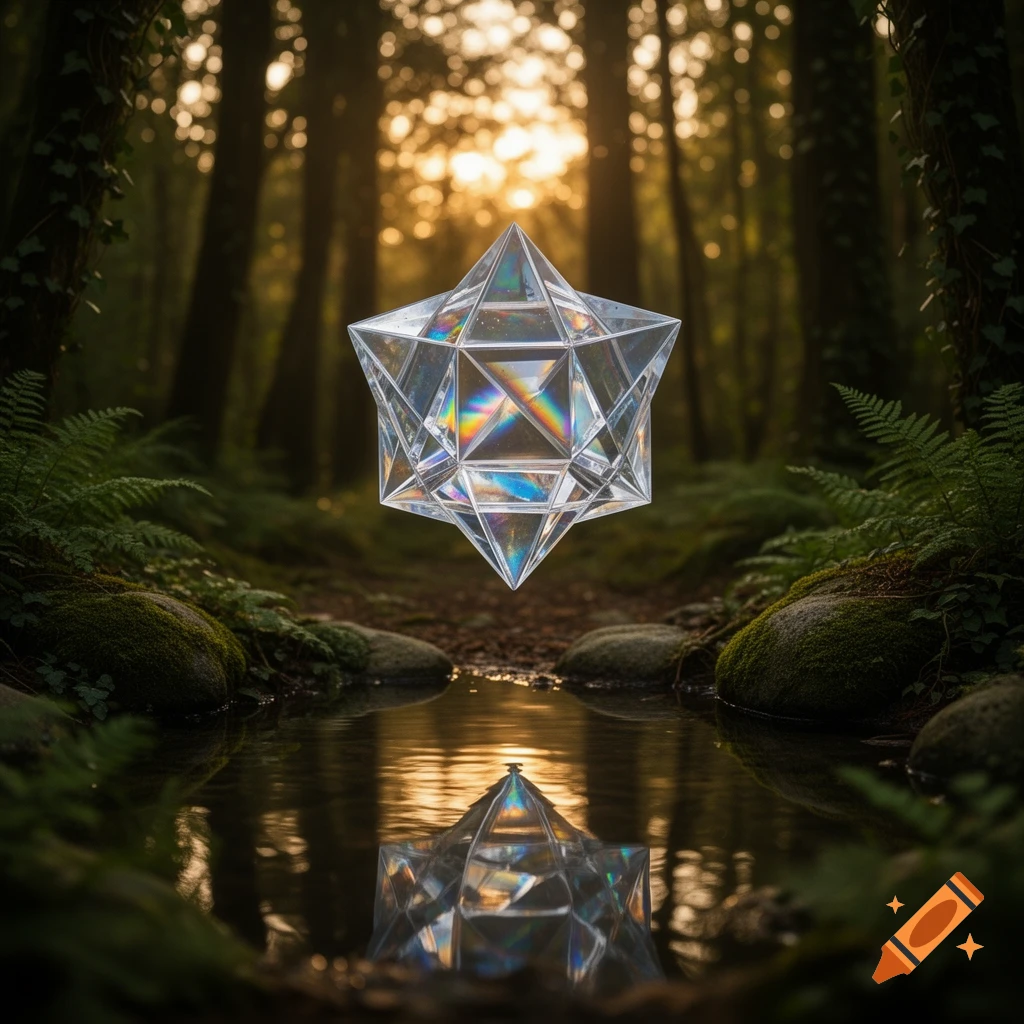 A glowing, multi-faceted crystal geometric shape floats above a forest pond, reflecting in the water, with a sunlit forest in the background.
