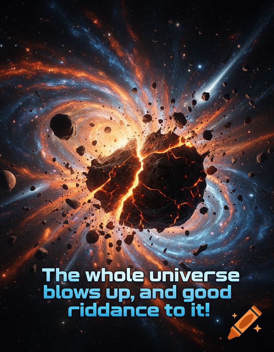A dramatic cosmic explosion with a shattered asteroid at its center, surrounded by swirling orange and blue nebulae and debris.