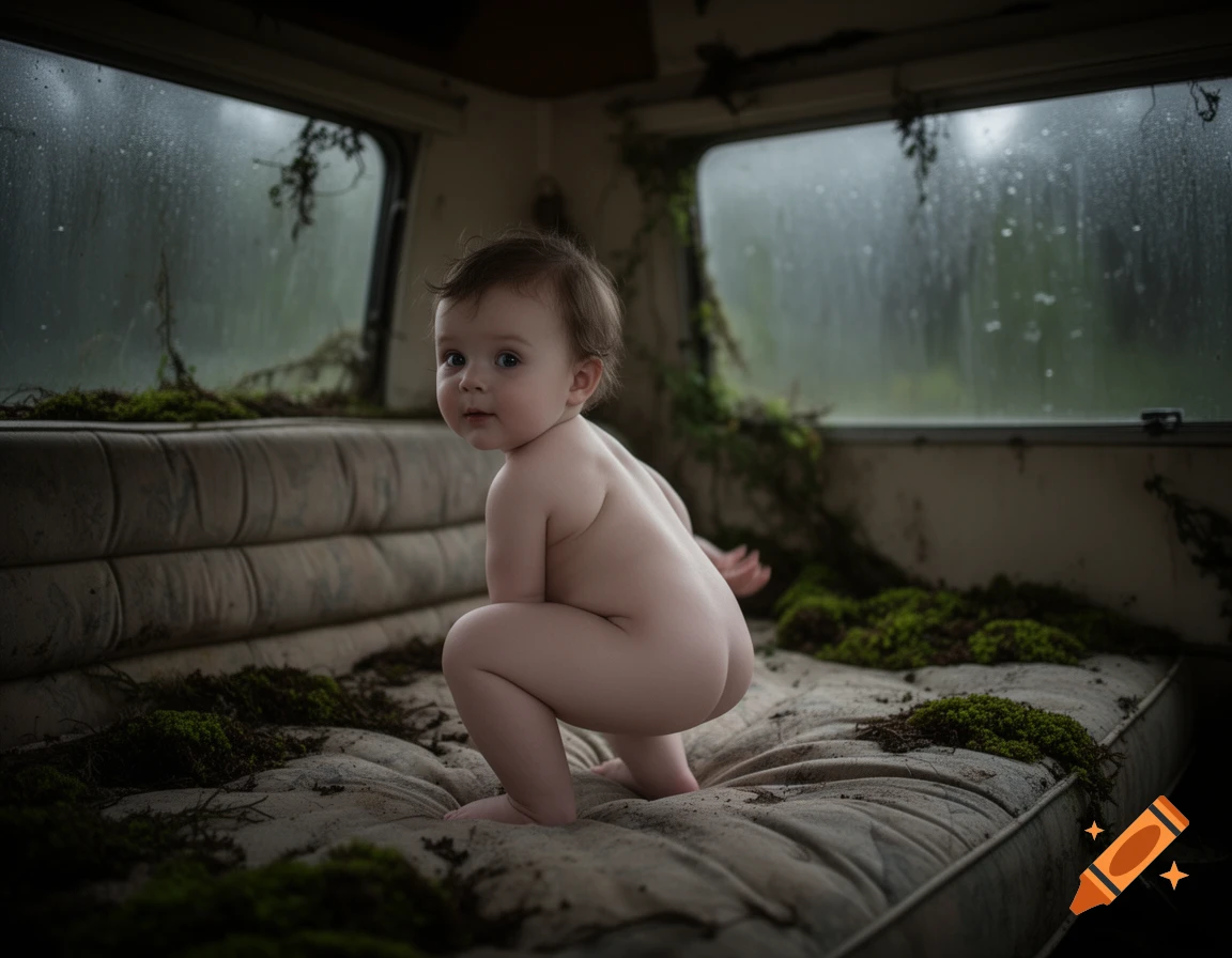 Photorealistic image of a naked baby squatting on a moss-covered mattress in a ruined camper, looking over its shoulder.