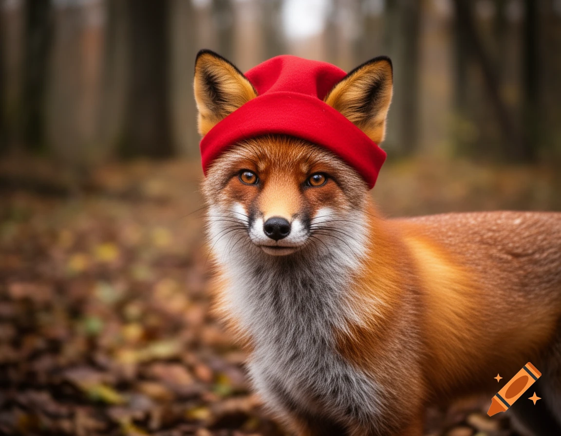 Photorealistic red fox wearing a red beanie, looking at the viewer in a forest with fallen leaves.