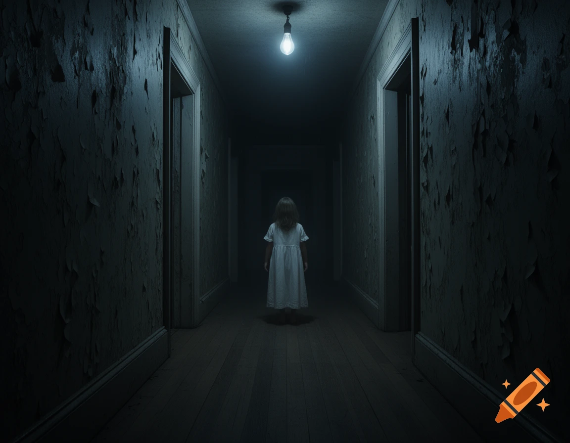 A child in a white dress stands in a long, dark, decrepit hallway, lit by a single bare bulb.