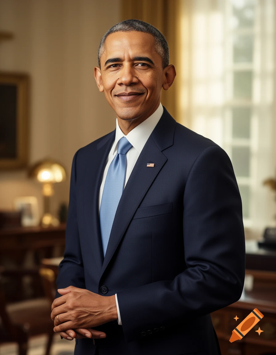 Photorealistic portrait of Barack Obama smiling, wearing a dark suit and light blue tie, with his hands clasped in front of him, in a formal office setting.