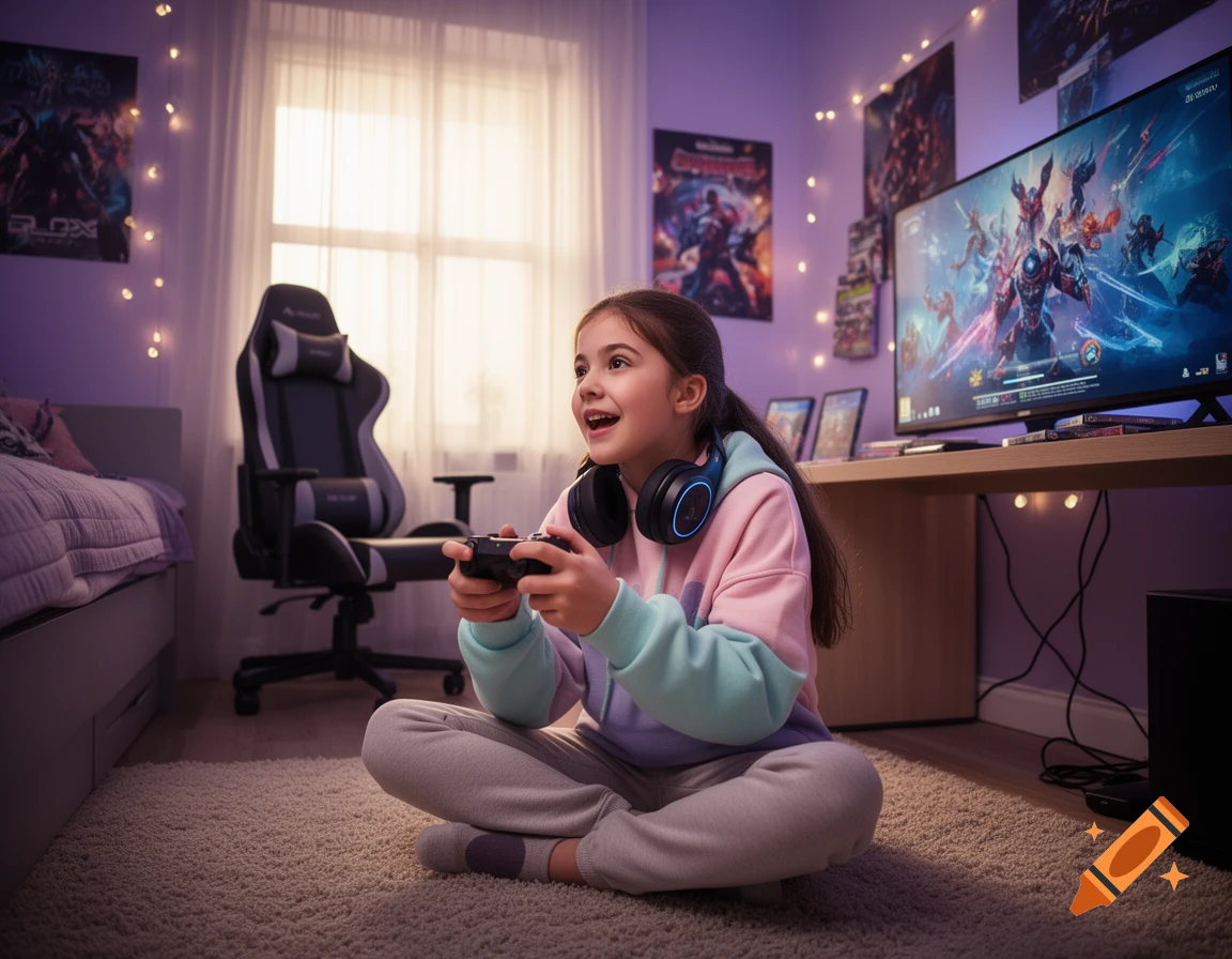 A young girl with headphones sits on her bedroom floor, playing a video game on a large screen in a photorealistic style.