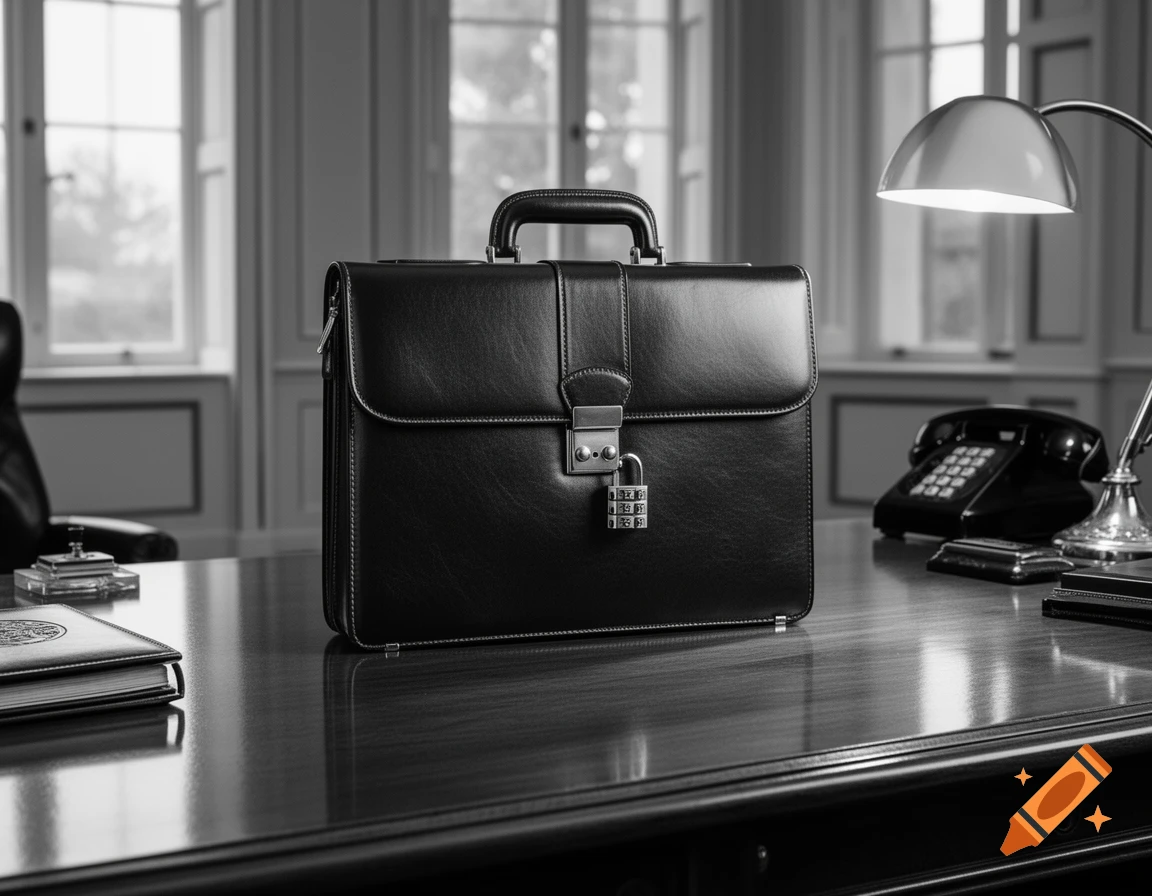 A black and white photorealistic image of a leather briefcase with a three-digit combination padlock sitting on a wooden desk in an office.