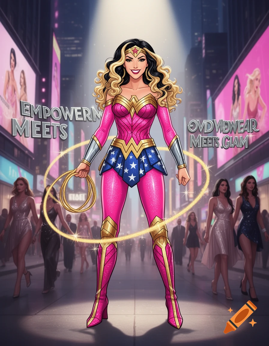 A stylized Wonder Woman in a sparkly pink and gold costume stands confidently on a city street, holding her golden lasso. Pink billboards with text and people in evening wear line the background.