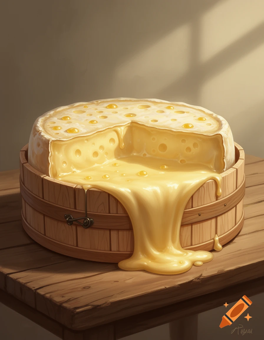A stylized illustration of a round wheel of Mont d'Or cheese in a wooden barrel, cut open with melted cheese oozing out onto a wooden table.