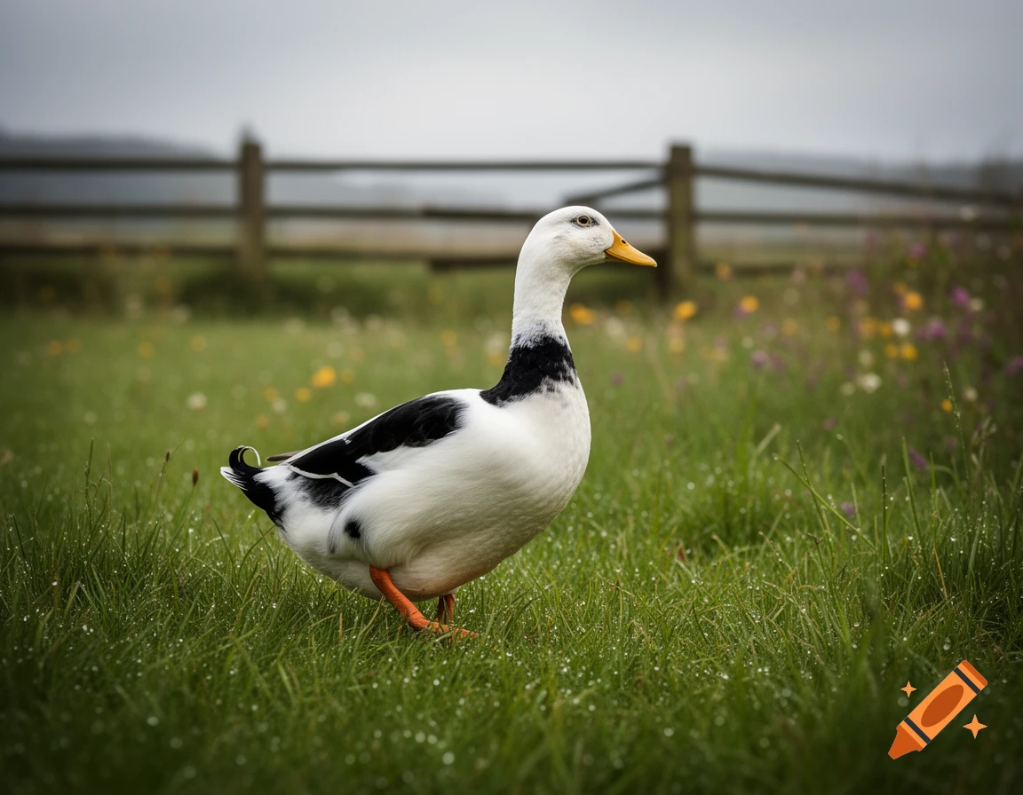 A white duck with black markings stands in a grassy field with a wooden fence in the background.