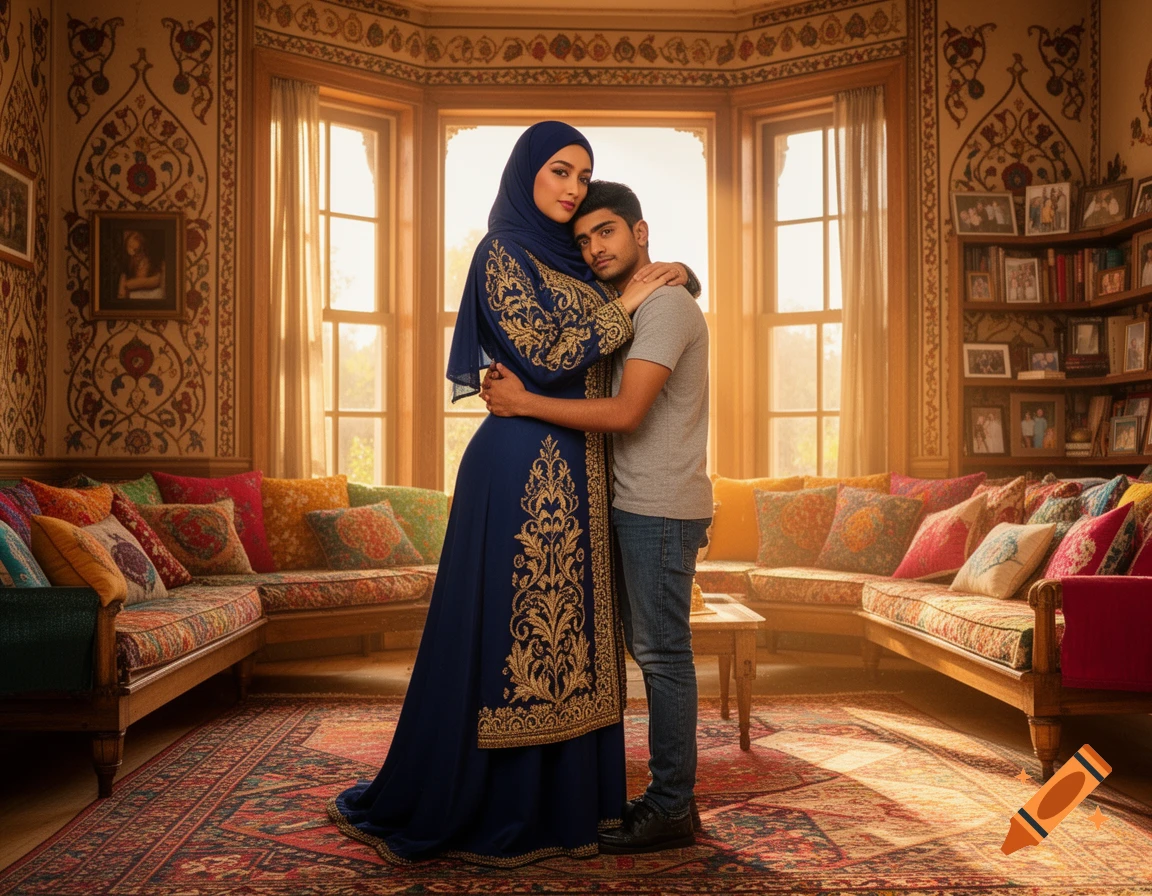 A photorealistic Arabic hijabi woman in blue dress hugging a young Indian man in an ornate living room.