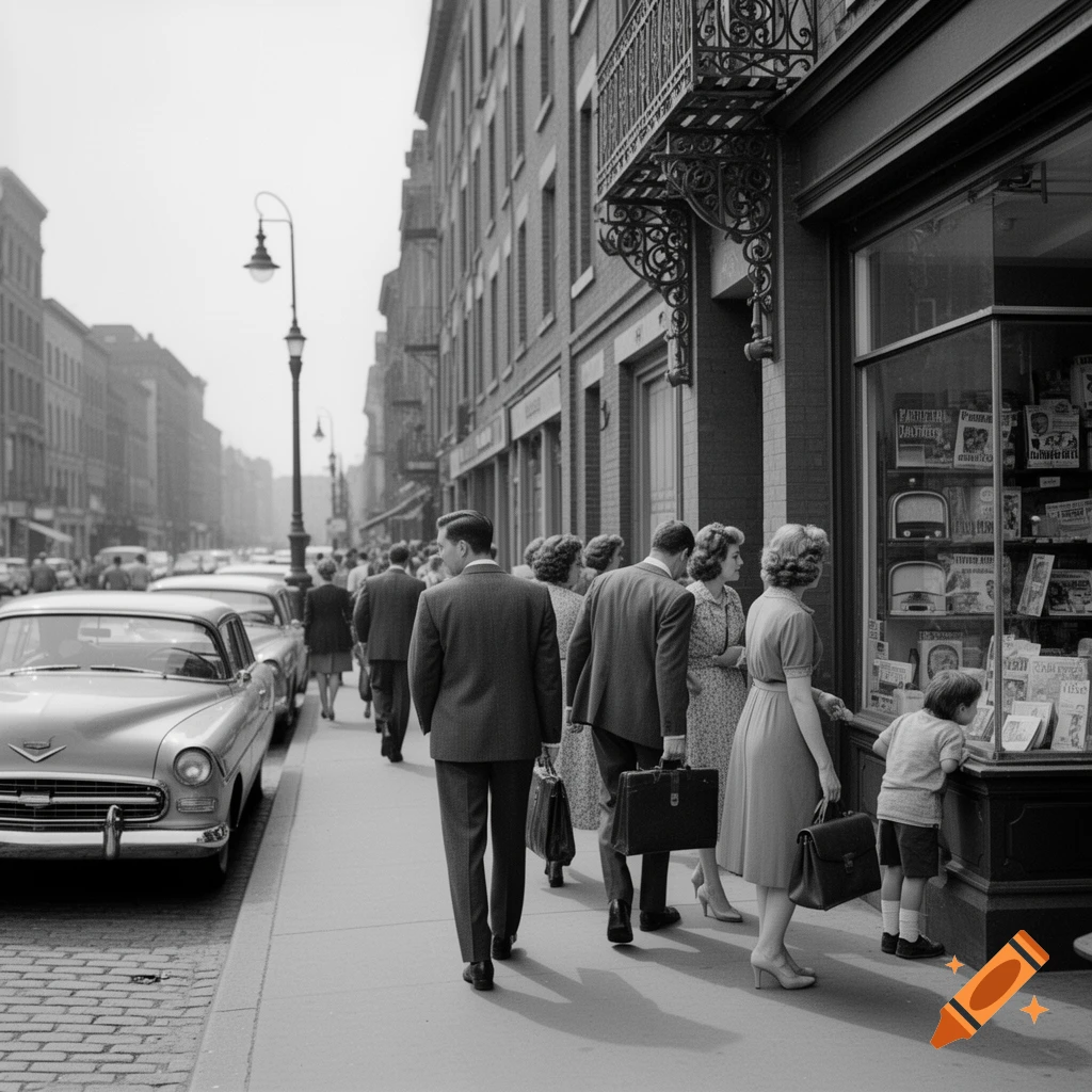 Black and white photorealistic street scene with people and vintage cars, a child looks into a shop window.