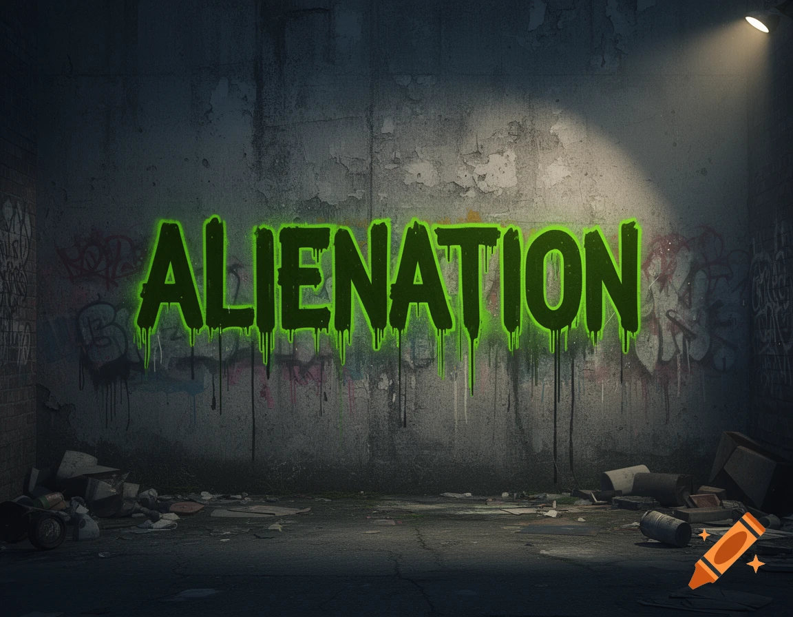 The word "ALIENATION" crudely sprayed in glowing green graffiti on a dirty concrete wall in a dark, urban setting.