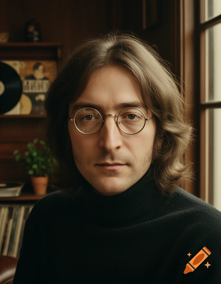 A photorealistic portrait of a man resembling John Lennon, wearing round glasses and a black turtleneck.