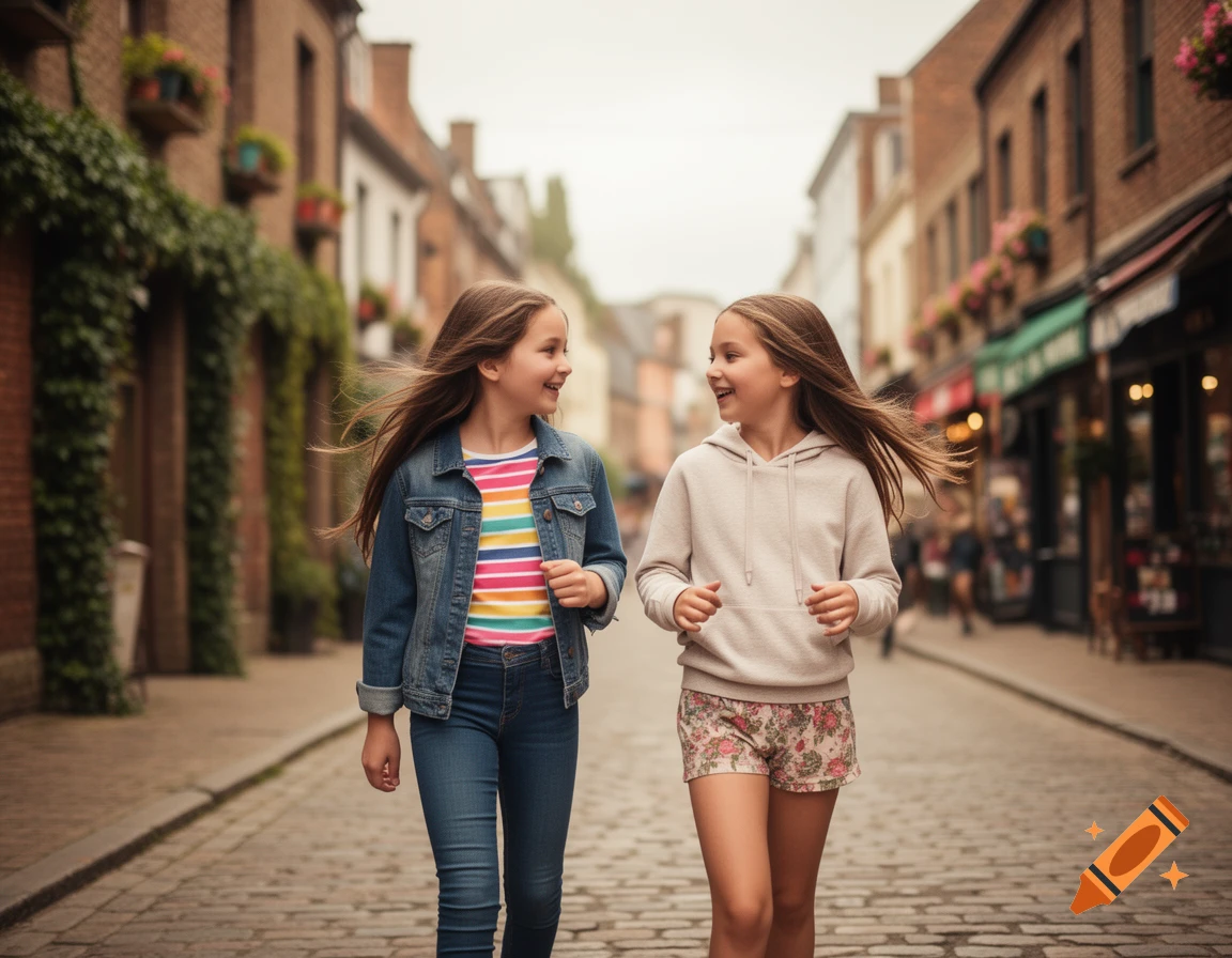 Two smiling young girls with flowing hair walk down a cobblestone street lined with brick buildings.
