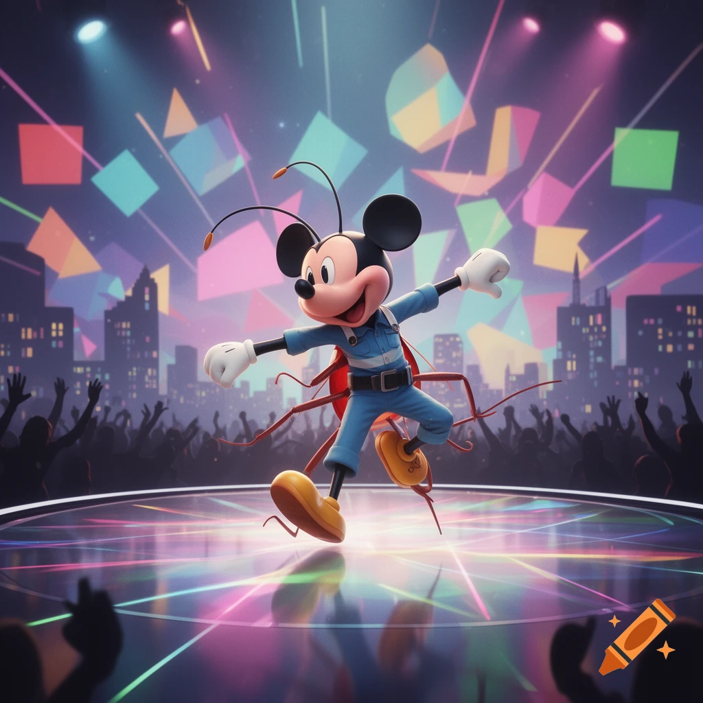 Mickey Mouse-style character with cockroach features, wearing a blue jumpsuit, dancing on a neon-lit stage with a city skyline and crowd in the background.