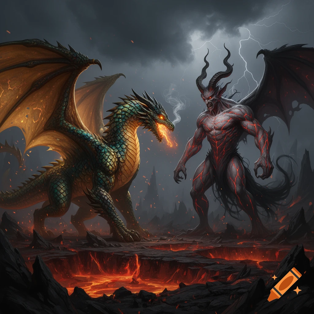 A green dragon breathes fire at a horned demon with black wings on a lava-filled battlefield under a stormy, lightning-filled sky.