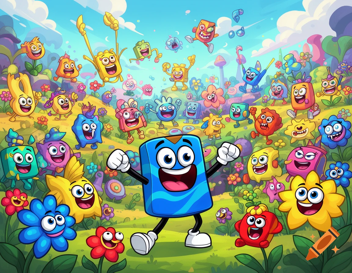 A colorful, whimsical landscape filled with many happy, animated cartoon characters of various shapes and colors.