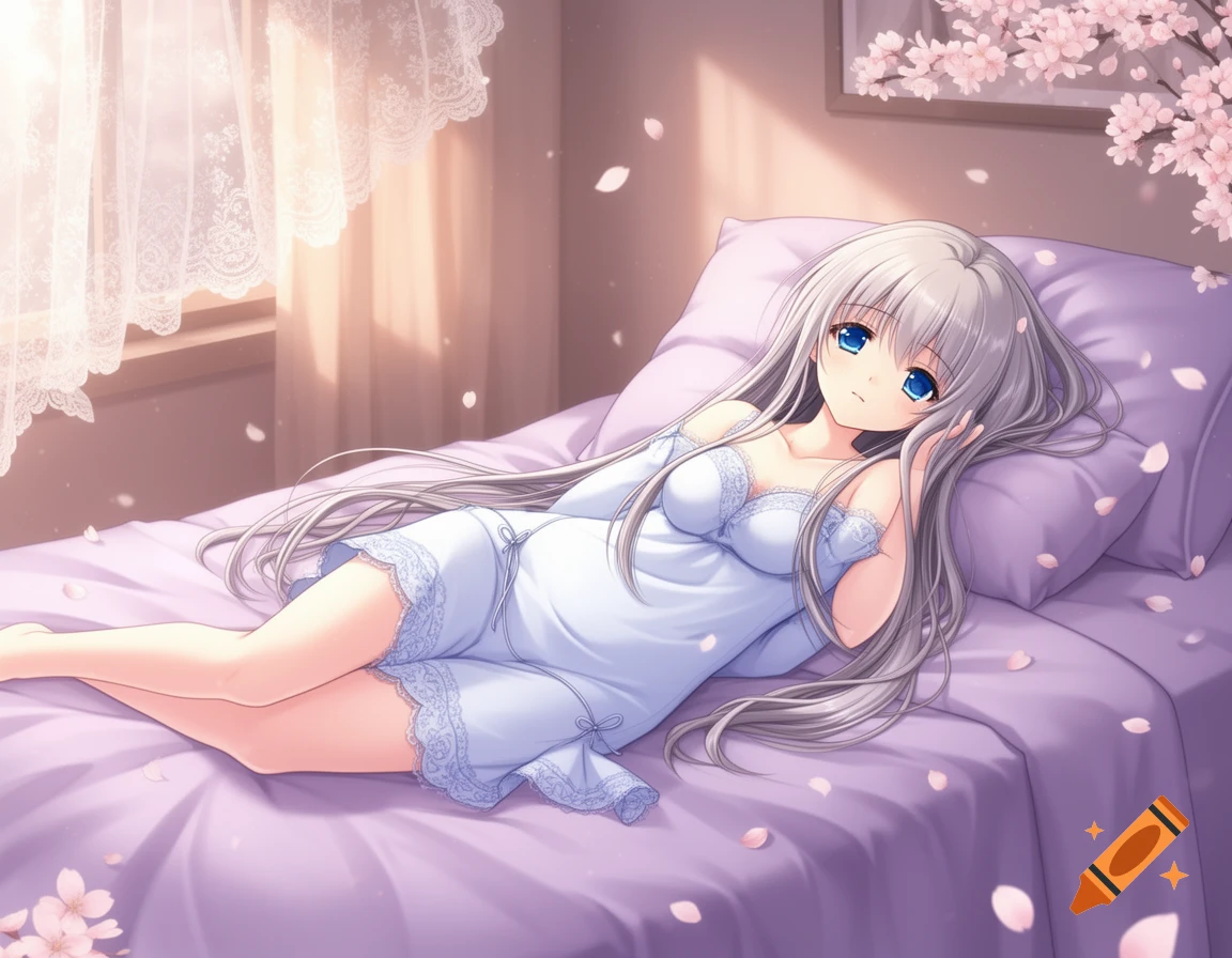 Anime girl with long silver hair and blue eyes lies on a purple bed, surrounded by cherry blossoms in a sunlit bedroom.