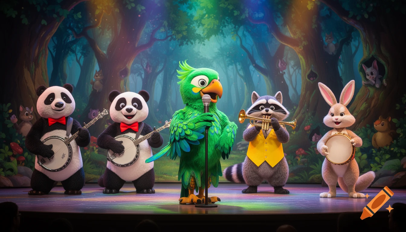 A vibrant animatronic animal band performs on stage: a green parrot sings, two pandas play banjos, a raccoon plays trumpet, and a bunny plays tambourine, set against a whimsical forest.