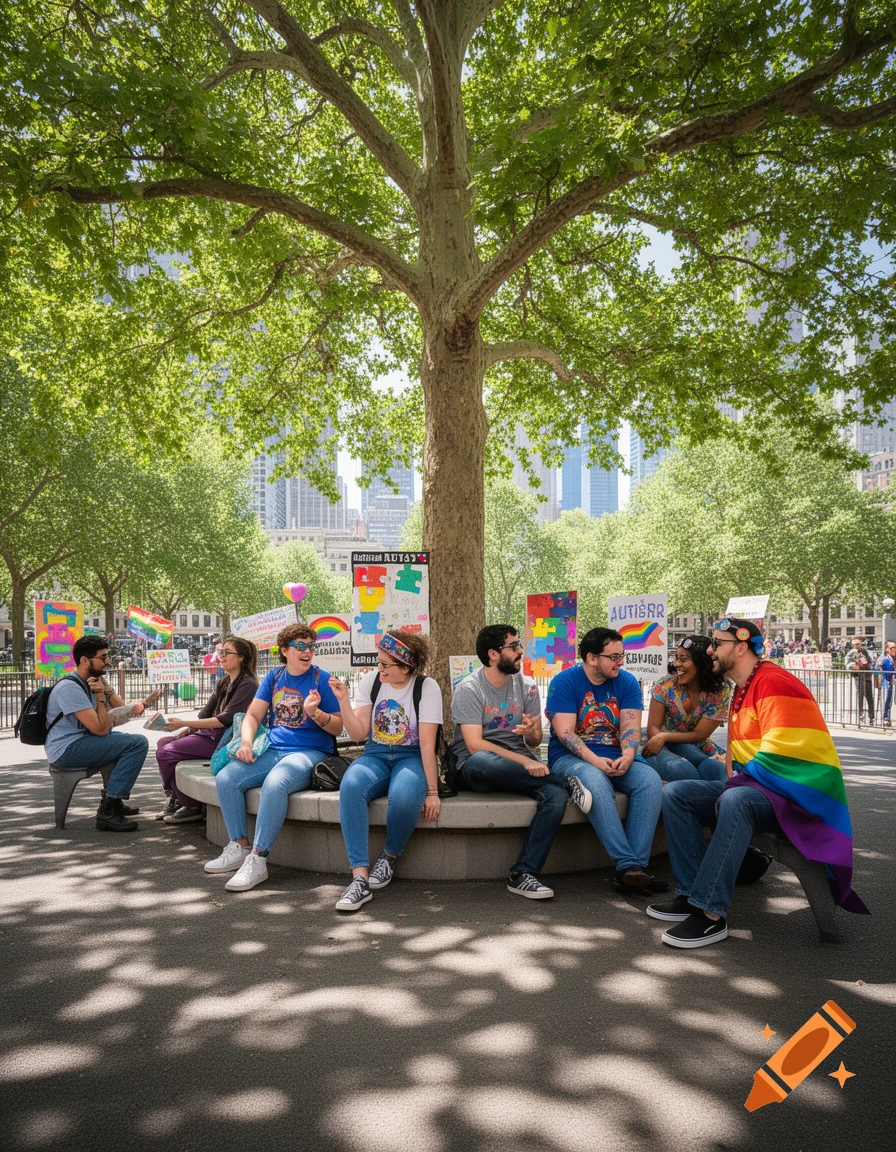 A diverse group of people sit on a circular bench under a large tree in a park, with some holding rainbow flags and signs related to autism and LGBTQ+ pride in the background.