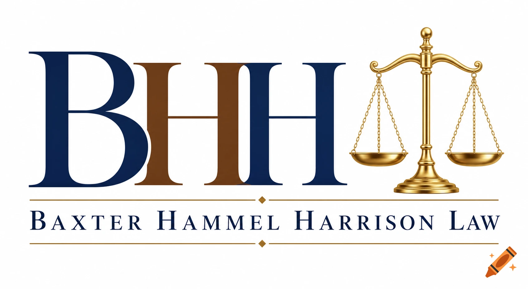 A law firm logo with 'BHH' in large navy blue and brown letters, a golden scale of justice, and 'Baxter Hammel Harrison Law' below.