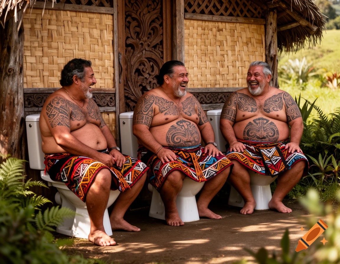 Three laughing, tattooed Polynesian men in tribal wraps sit on toilets outside a woven hut in a lush, outdoor setting.