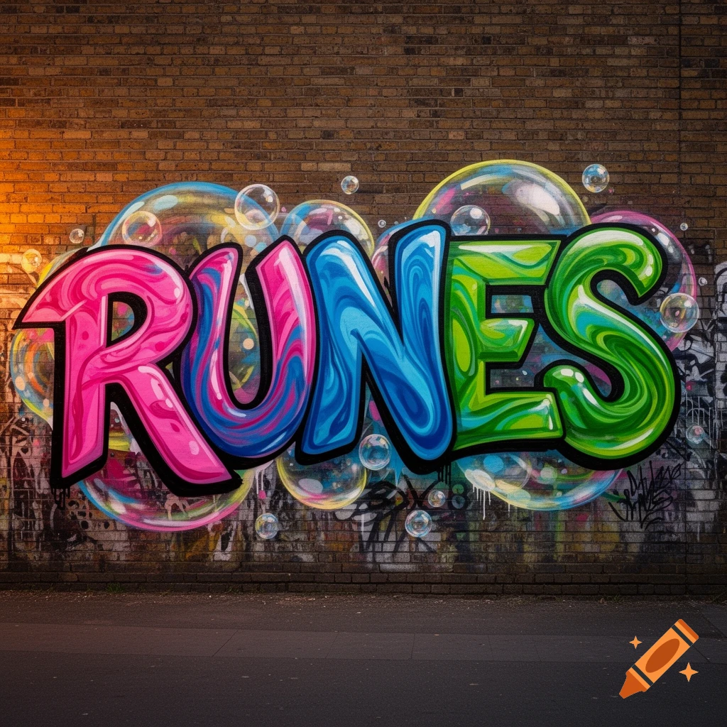 Colorful bubble graffiti spelling 'RUNES' on a brick wall, surrounded by floating bubbles.