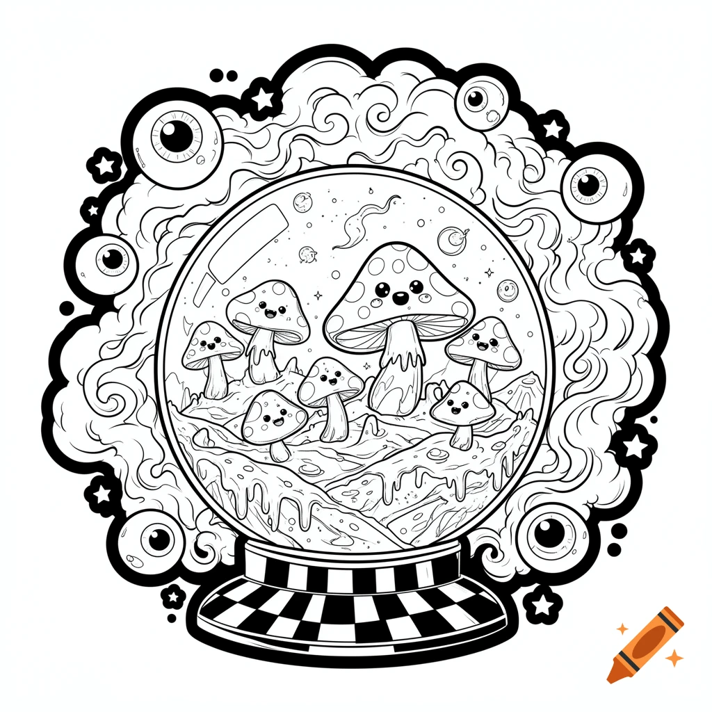 Monochrome line art of cute kawaii mushrooms in a melting landscape inside a crystal ball, surrounded by swirling smoke, eyeballs, and stars.