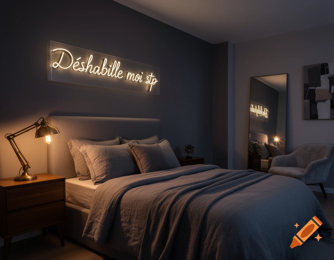 A dimly lit bedroom features a bed with grey linens, a bedside table with a brass lamp, and a neon sign above the bed reading 'Déshabille moi stp'.