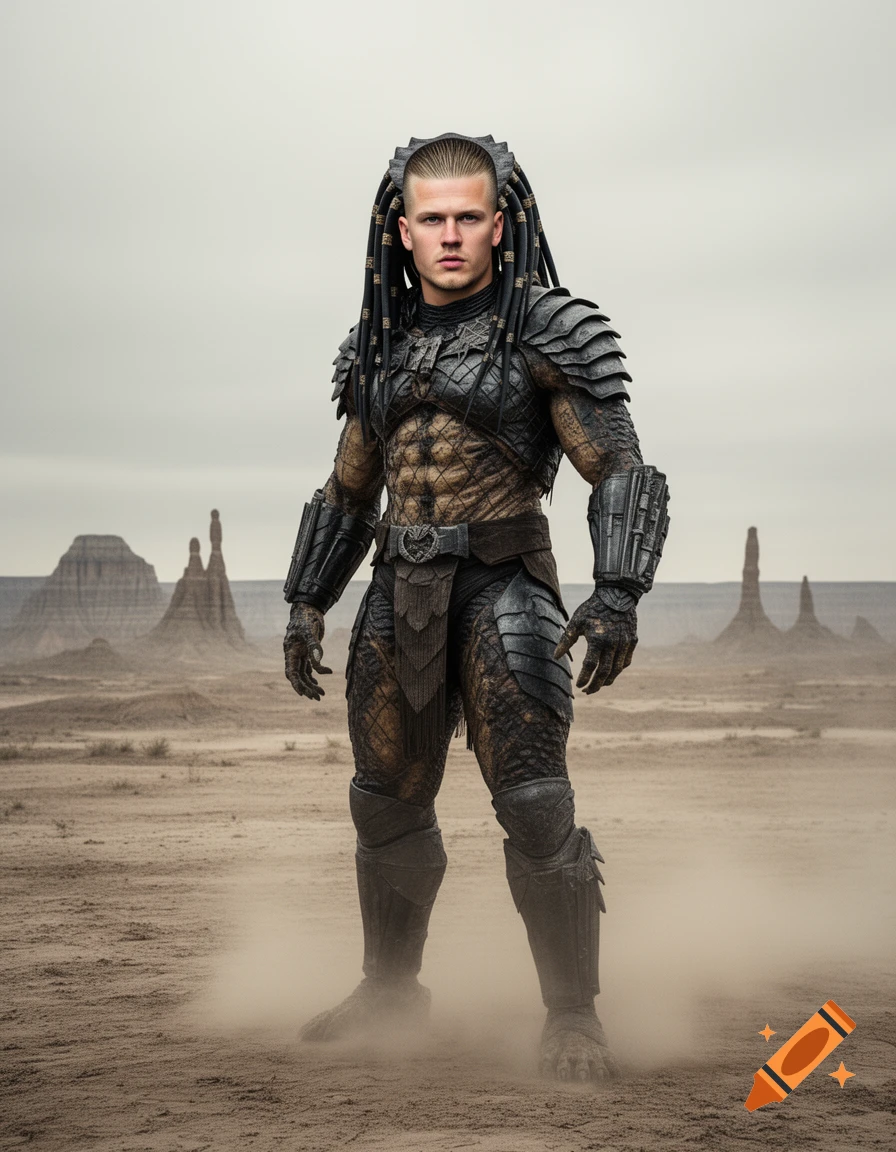 A man with Erling Haaland's face in Predator armor and dreadlocks stands in a desert landscape.