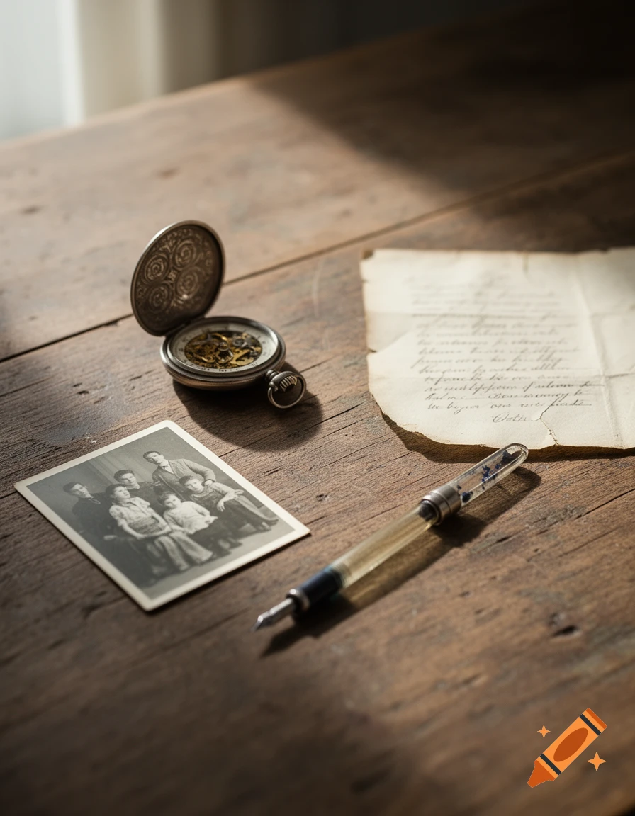 A still life of vintage items on a wooden table: an open pocket watch, a family photograph, a fountain pen, and an old letter.