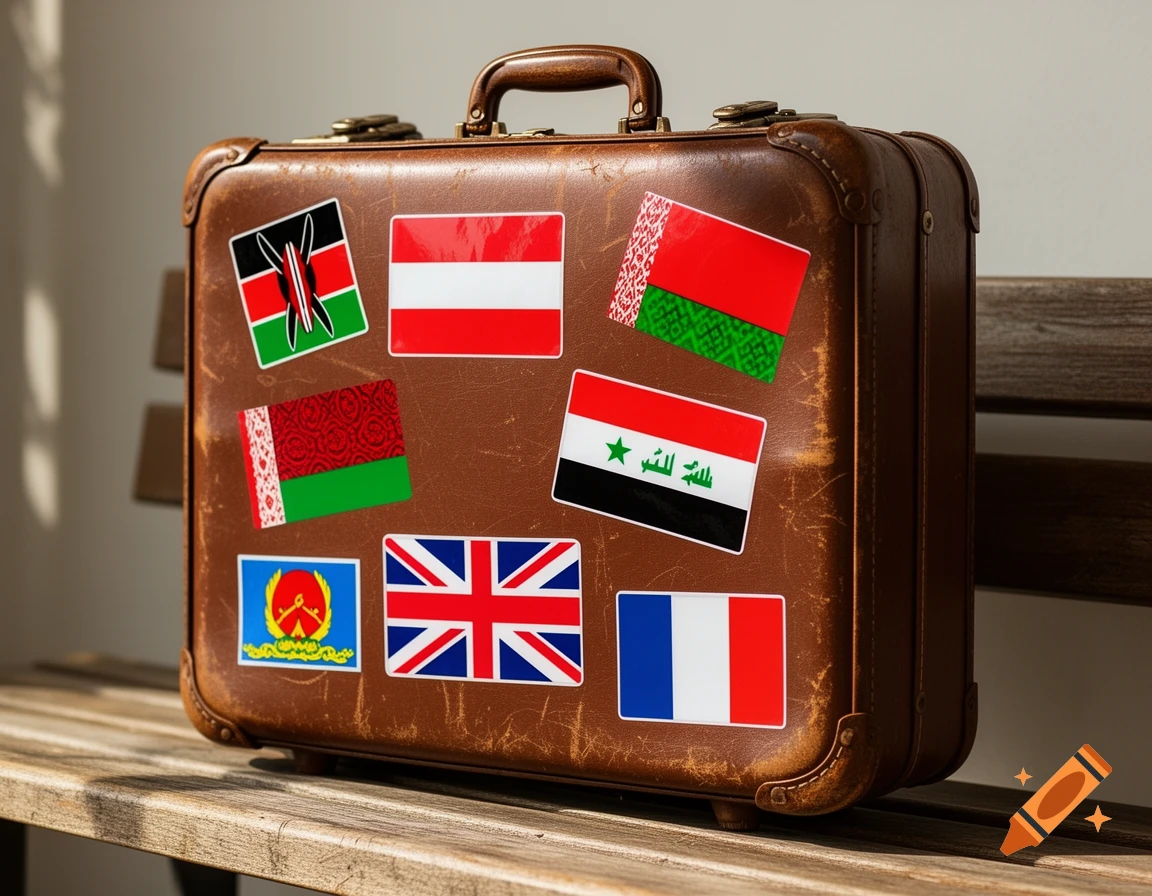 A brown vintage suitcase covered with stickers of various national flags, including Kenya, Austria, Belarus, Iraq, United Kingdom, and France, resting on a wooden bench.