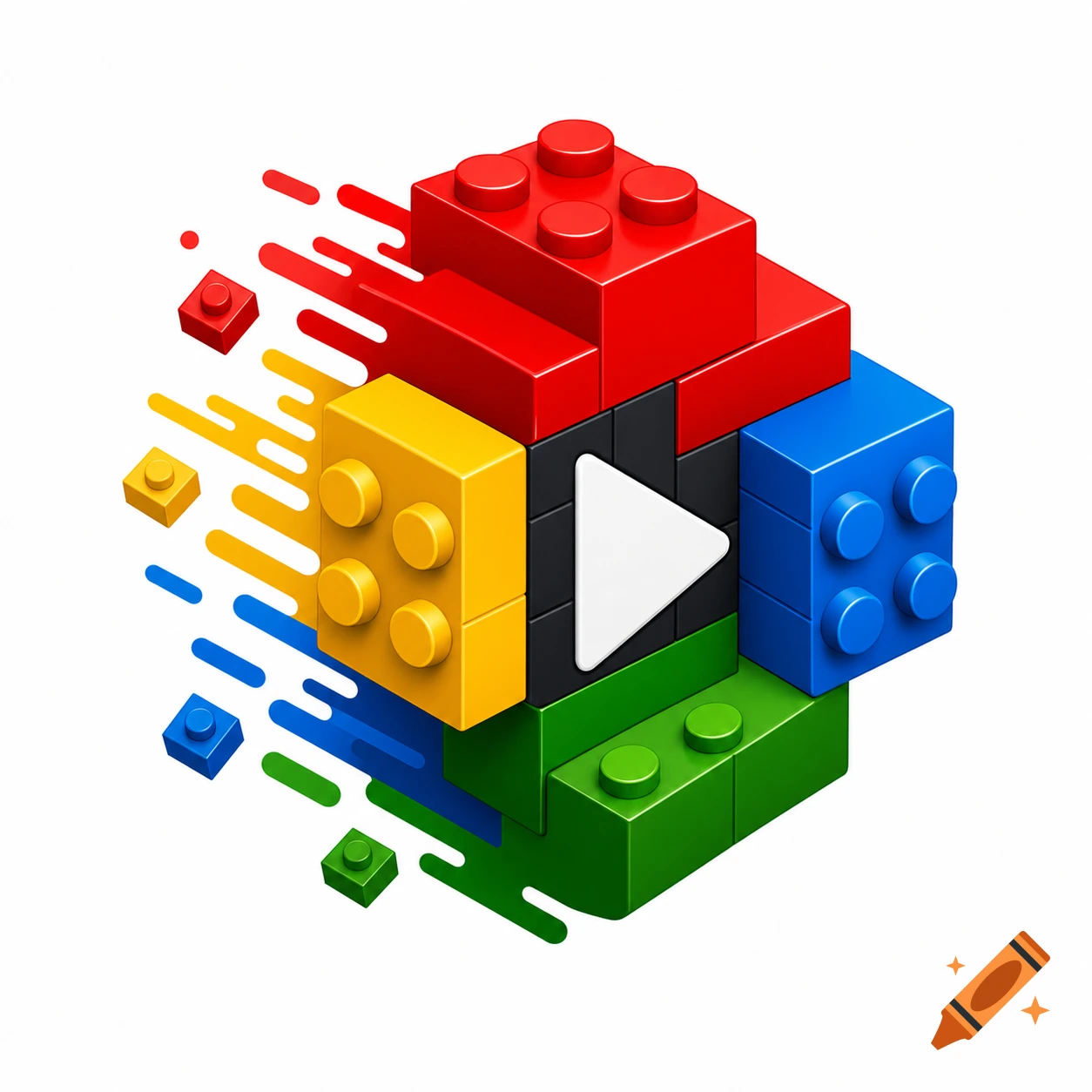 A dynamic logo made of colorful LEGO bricks (red, yellow, blue, green, black) with a white play button, and smaller bricks flying off.