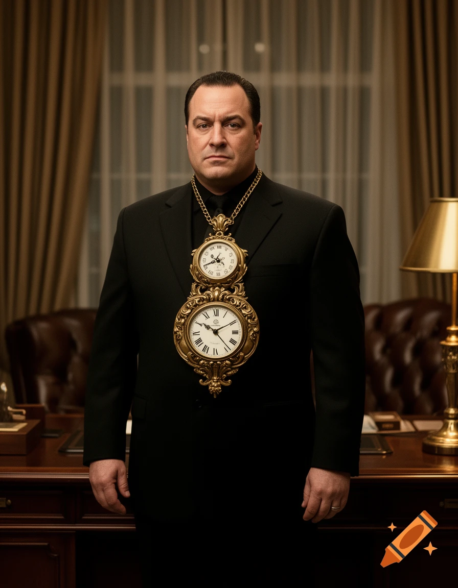 Photorealistic portrait of a man in a black suit wearing two large, ornate gold clocks as a necklace.