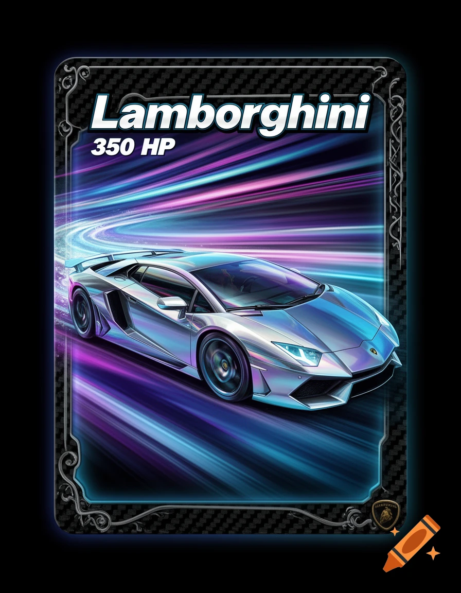 A silver Lamborghini sports car on a vibrant purple and blue speed-effect trading card with 'Lamborghini 350 HP' text at the top.