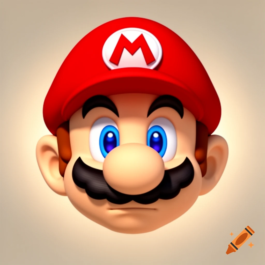 A 3D render of Mario's head wearing a red hat with a white 'M', looking forward.
