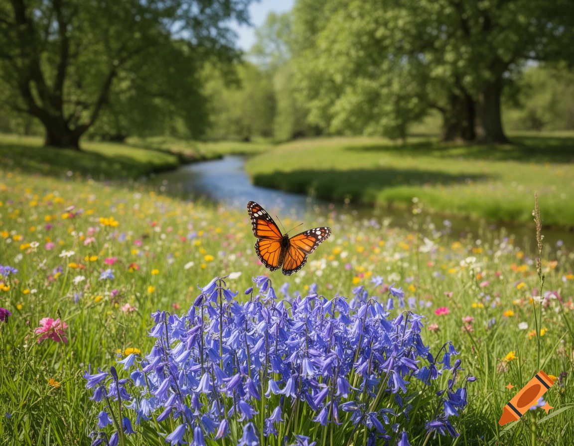A monarch butterfly hovers over purple bell flowers in a sunny meadow with a stream and trees in the background.