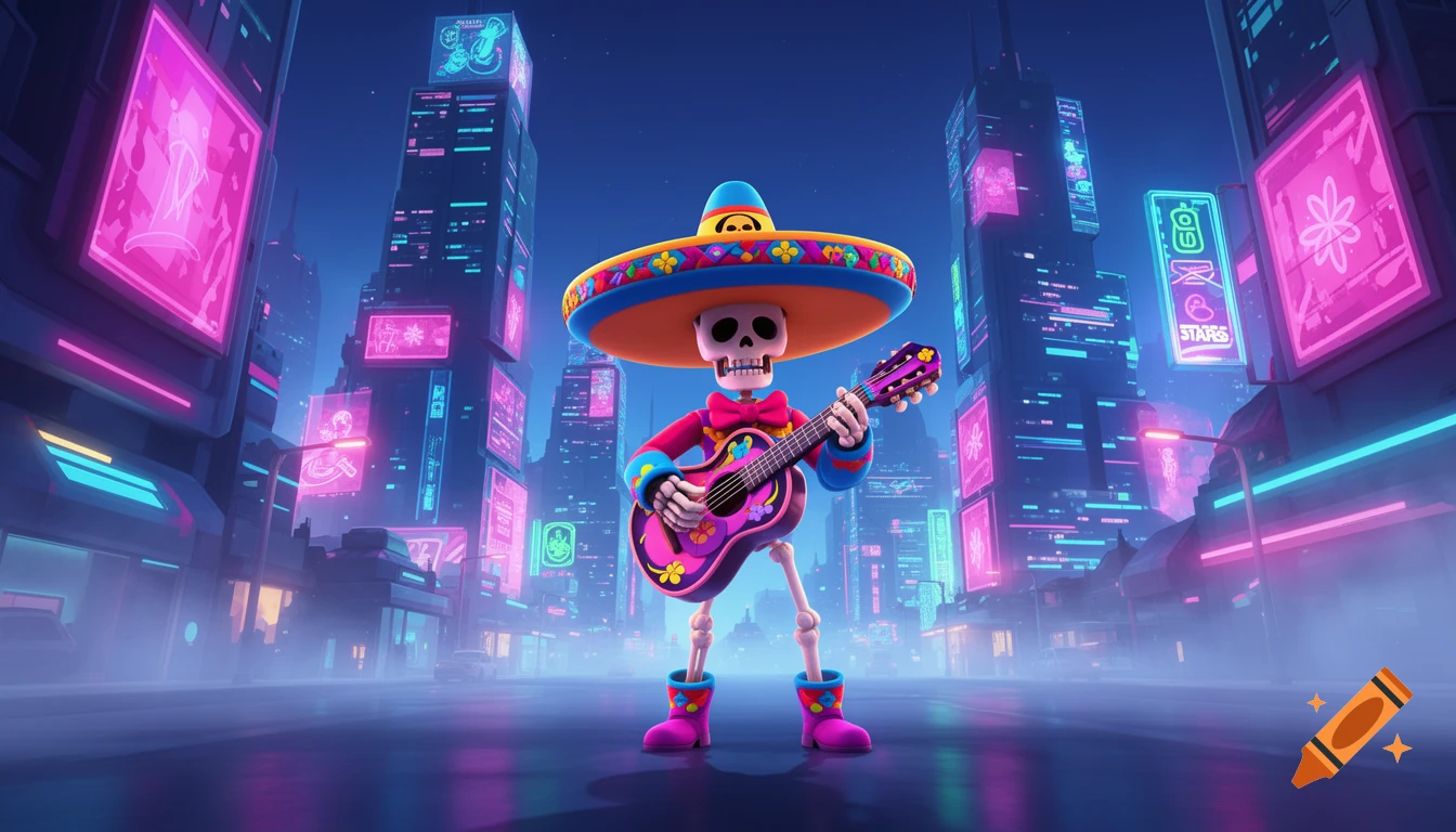 A stylized skeletal mariachi character, Poco from Brawl Stars, plays a guitar in a vibrant, neon-lit futuristic city at night.