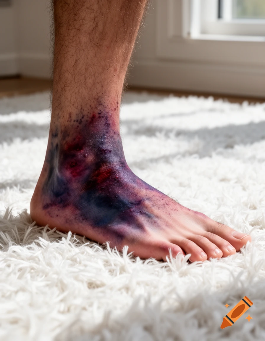 Close-up, ultra-realistic photo of a male's severely bruised and swollen left ankle and foot resting on a white shag rug.