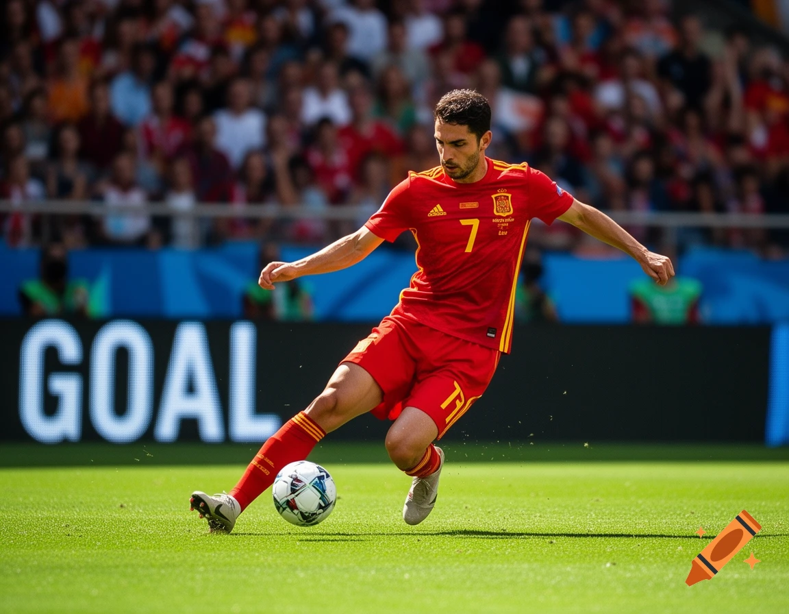 A male soccer player in a red Spain uniform kicks a ball on a green field with 'GOAL' on a screen in the background, photorealistic.